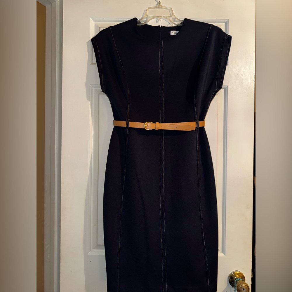 Calvin Klein Navy Midi Dress with Camel Belt